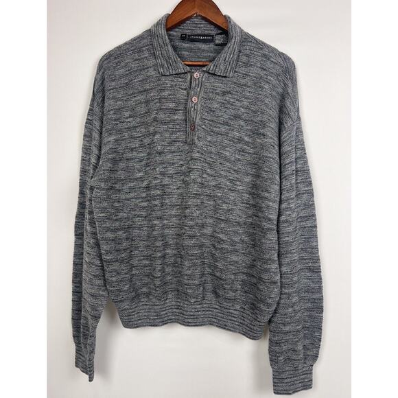 Jhane Barnes Mens Wool Blend L Knit Sweater Gray Textured Button Polo Pullover - Picture 1 of 8